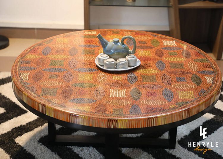 Lucky Coins Colored Pencil Coffee Table with a kettle
